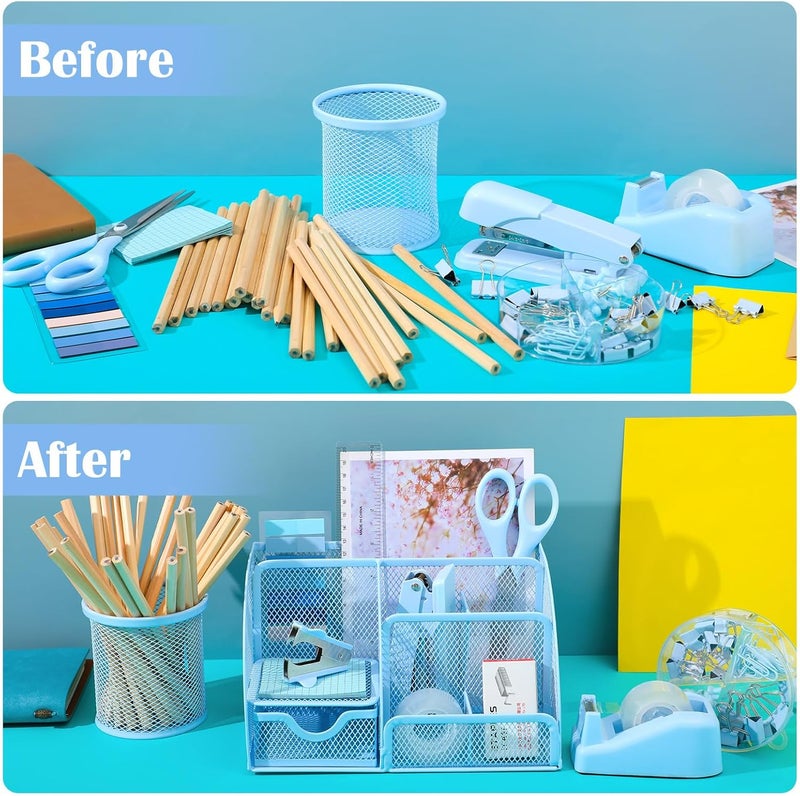 AuraRay 11 in 1 Blue Desk Organizer and Accessories, Blue Desk Accessories Light Blue Office Supplies Include Blue Stapler Blue Tape Dispenser Pen Holder Staple Remover Clips Ruler Scissors Tapes Tabs - Image 5